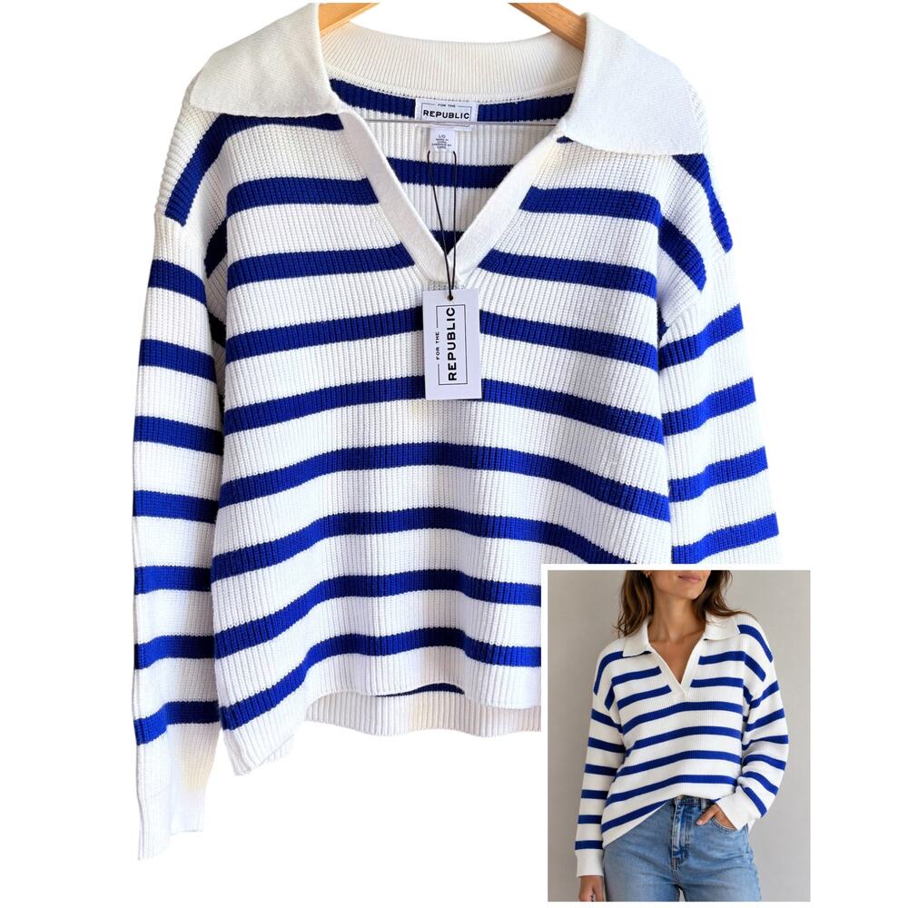 For The Republic Striped V-Neck Sweater Collared Blue White Coastal Nautical L